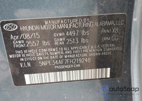 2015 Hyundai Sonata Sport z USA, uszkodzony, nr VIN 5NPE34AF7FH219248